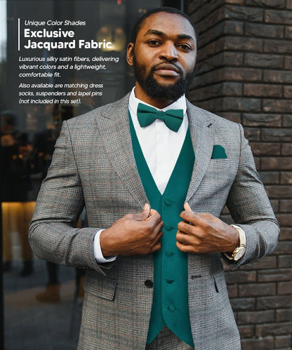 Vittorio Farina Men's Satin Vest, Necktie, Bow Tie and Pocket Square Set (Black Back) - Suits You Sir - Teal Green - XS