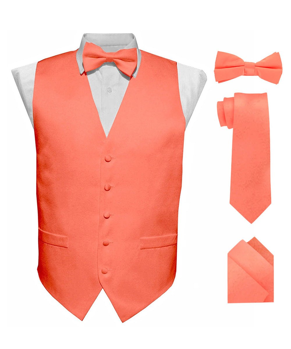 Vittorio Farina Men's Satin Vest, Necktie, Bow Tie and Pocket Square Set (White Back) - Suits You Sir - Coral - XS
