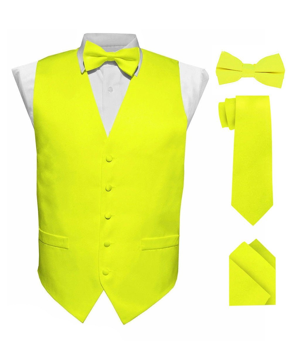 Vittorio Farina Men's Satin Vest, Necktie, Bow Tie and Pocket Square Set (White Back) - Suits You Sir - Lemon - XS