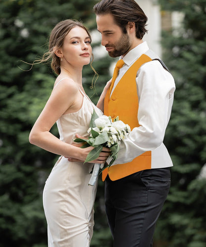 Vittorio Farina Men's Satin Vest, Necktie, Bow Tie and Pocket Square Set (White Back) - Suits You Sir - Mustard Yellow - XS