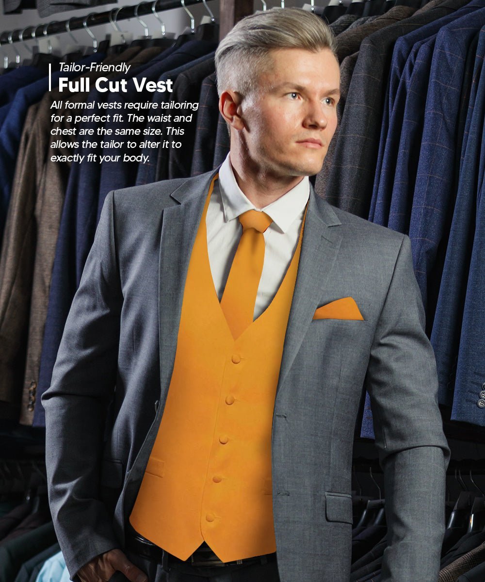 Vittorio Farina Men's Satin Vest, Necktie, Bow Tie and Pocket Square Set (White Back) - Suits You Sir - Mustard Yellow - XS