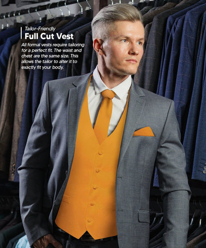 Vittorio Farina Men's Satin Vest, Necktie, Bow Tie and Pocket Square Set (White Back) - Suits You Sir - Mustard Yellow - XS