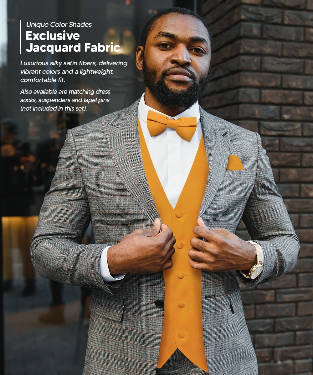 Vittorio Farina Men's Satin Vest, Necktie, Bow Tie and Pocket Square Set (White Back) - Suits You Sir - Mustard Yellow - XS