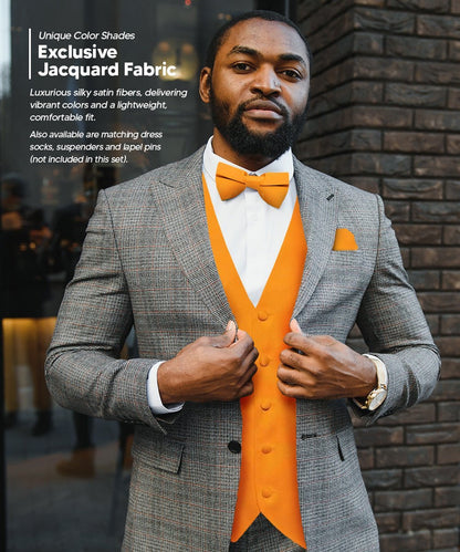 Vittorio Farina Men's Satin Vest, Necktie, Bow Tie and Pocket Square Set (White Back) - Suits You Sir - Orange - XS
