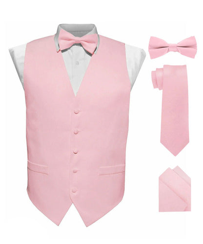 Vittorio Farina Men's Satin Vest, Necktie, Bow Tie and Pocket Square Set (White Back) - Suits You Sir - Pink - XS