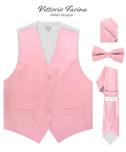 Vittorio Farina Men's Satin Vest, Necktie, Bow Tie and Pocket Square Set (White Back) - Suits You Sir - Pink - XS