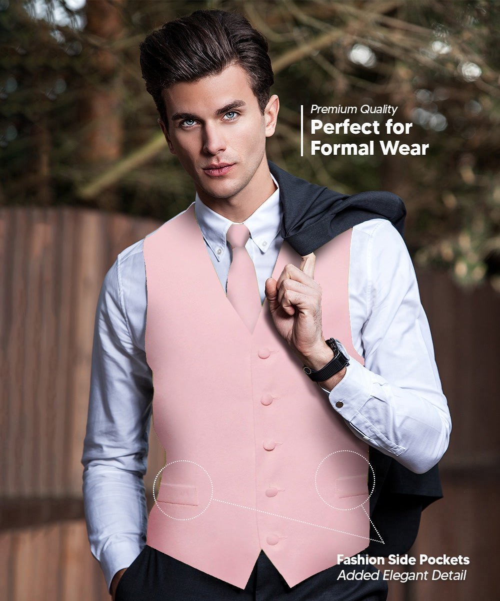 Vittorio Farina Men's Satin Vest, Necktie, Bow Tie and Pocket Square Set (White Back) - Suits You Sir - Pink - XS