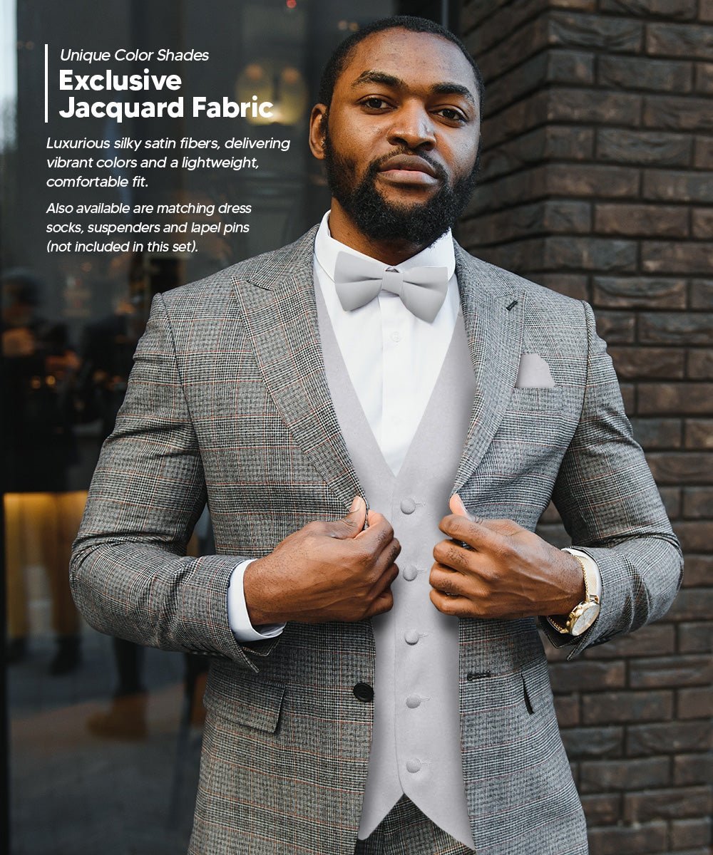 Vittorio Farina Men's Satin Vest, Necktie, Bow Tie and Pocket Square Set (White Back) - Suits You Sir - Silver - XS