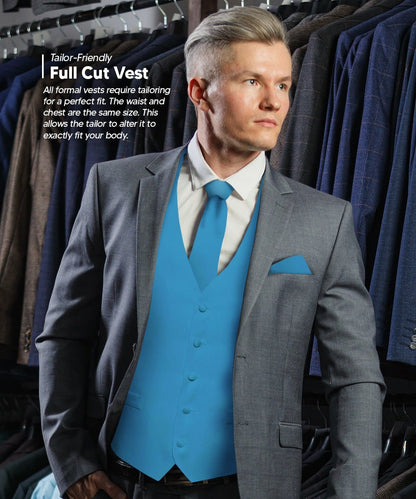 Vittorio Farina Men's Satin Vest, Necktie, Bow Tie and Pocket Square Set (White Back) - Suits You Sir - Turquoise - XS