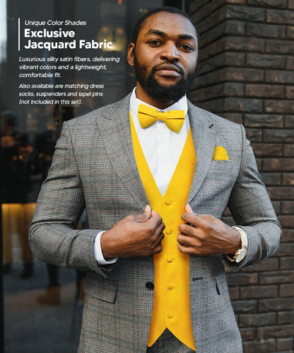 Vittorio Farina Men's Satin Vest, Necktie, Bow Tie and Pocket Square Set (White Back) - Suits You Sir - Yellow - XS