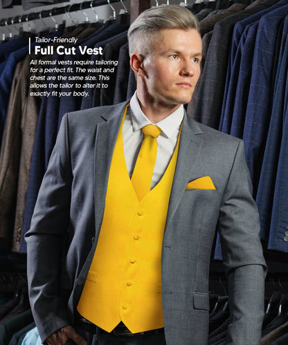 Vittorio Farina Men's Satin Vest, Necktie, Bow Tie and Pocket Square Set (White Back) - Suits You Sir - Yellow - XS