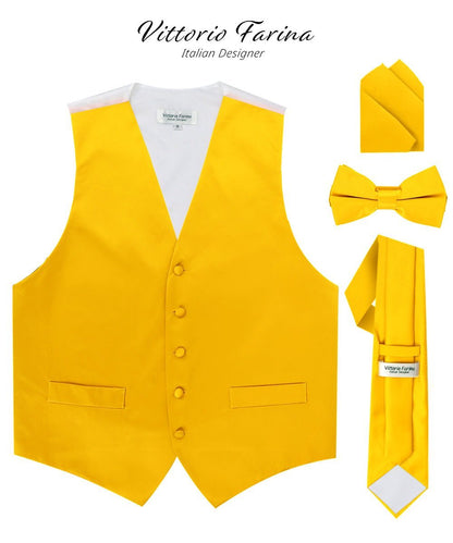 Vittorio Farina Men's Satin Vest, Necktie, Bow Tie and Pocket Square Set (White Back) - Suits You Sir - Yellow - XS