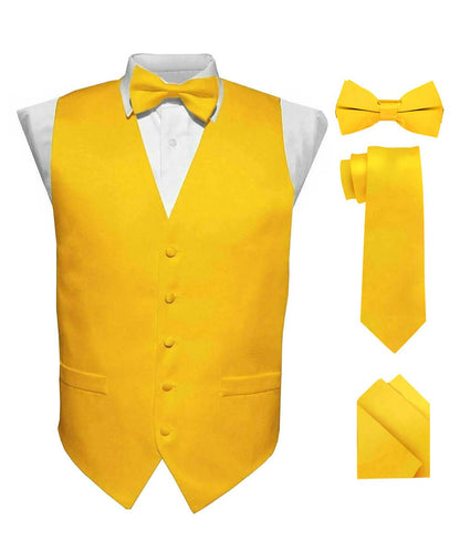 Vittorio Farina Men's Satin Vest, Necktie, Bow Tie and Pocket Square Set (White Back) - Suits You Sir - Yellow - XS