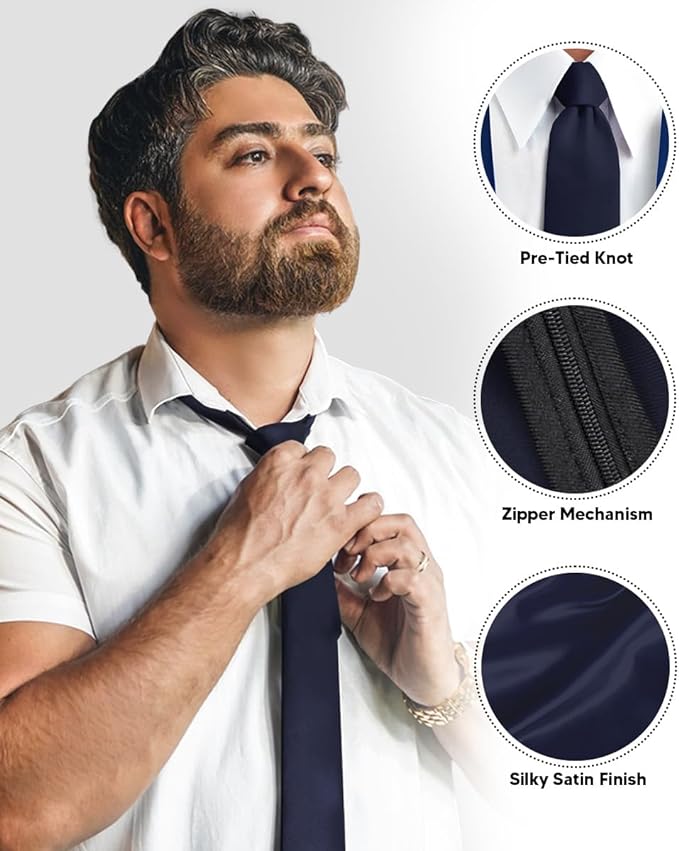 Vittorio Farina Men's Satin Zipper Necktie - Suits You Sir - Navy Blue - 