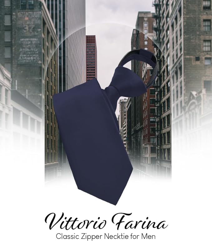 Vittorio Farina Men's Satin Zipper Necktie - Suits You Sir - Navy Blue - 