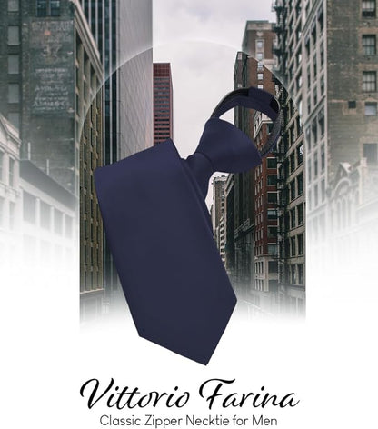 Vittorio Farina Men's Satin Zipper Necktie - Suits You Sir - Navy Blue - 