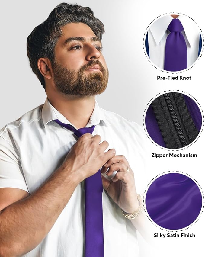 Vittorio Farina Men's Satin Zipper Necktie - Suits You Sir - Purple - 