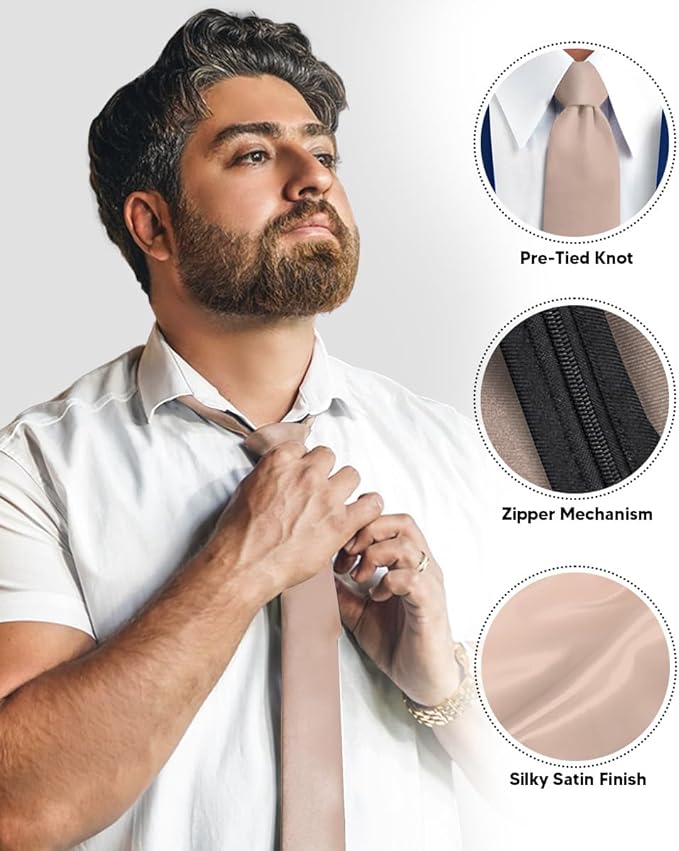Vittorio Farina Men's Satin Zipper Necktie - Suits You Sir - Taupe - 