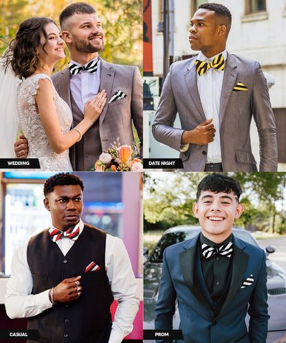 Vittorio Farina Men's Striped Satin Bow Tie & Pocket Square in Gift Box (Multipack) - Suits You Sir - Black and White/Black and Gold/Black, White & Red - 