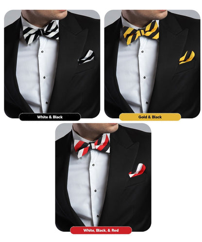 Vittorio Farina Men's Striped Satin Bow Tie & Pocket Square in Gift Box (Multipack) - Suits You Sir - Black and White/Black and Gold/Black, White & Red - 