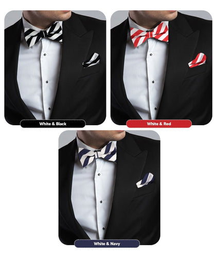 Vittorio Farina Men's Striped Satin Bow Tie & Pocket Square in Gift Box (Multipack) - Suits You Sir - White and Black/White and Red/White and Navy Blue - 