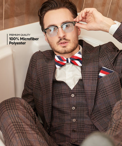 Vittorio Farina Men's Striped Satin Bow Tie & Pocket Square in Gift Box (Multipack) - Suits You Sir - White, Red and Navy Blue/Navy Blue and Gray/Royal Blue and White - 