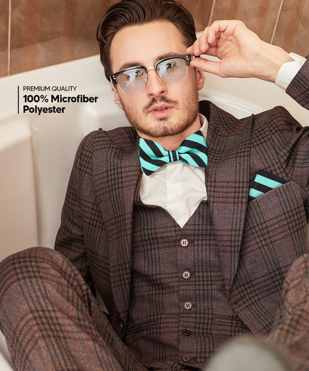 Vittorio Farina Men's Striped Satin Bow Tie & Pocket Square in Gift Box - Suits You Sir - Aqua and Black - 