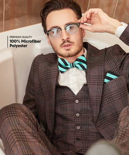 Vittorio Farina Men's Striped Satin Bow Tie & Pocket Square in Gift Box - Suits You Sir - Aqua and Black - 
