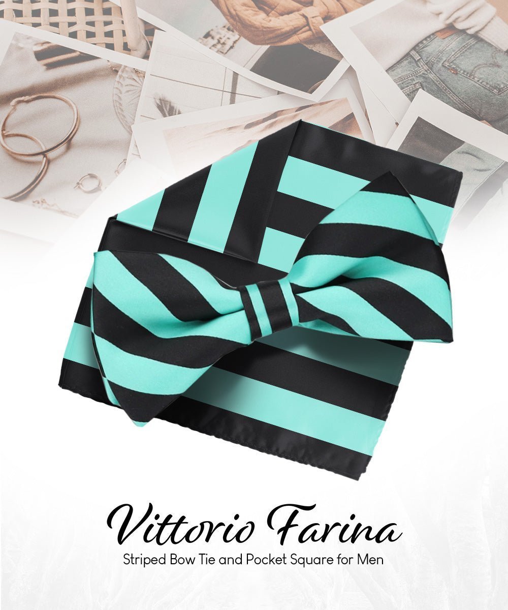 Vittorio Farina Men's Striped Satin Bow Tie & Pocket Square in Gift Box - Suits You Sir - Aqua and Black - 