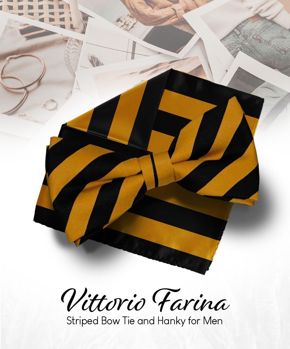 Vittorio Farina Men's Striped Satin Bow Tie & Pocket Square in Gift Box - Suits You Sir - Black and Mustard - 