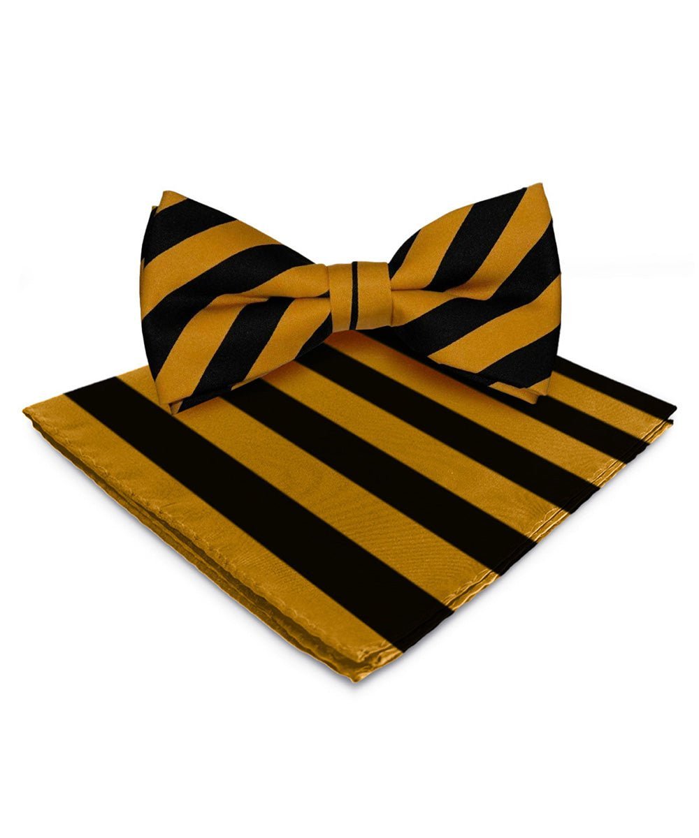 Vittorio Farina Men's Striped Satin Bow Tie & Pocket Square in Gift Box - Suits You Sir - Black and Mustard - 
