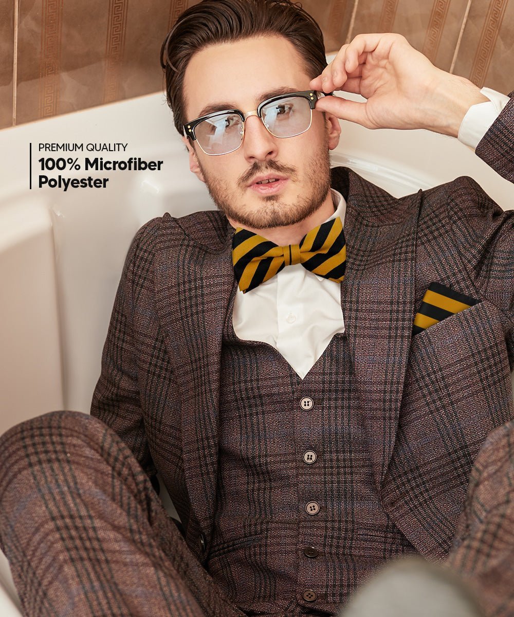 Vittorio Farina Men's Striped Satin Bow Tie & Pocket Square in Gift Box - Suits You Sir - Black and Mustard - 