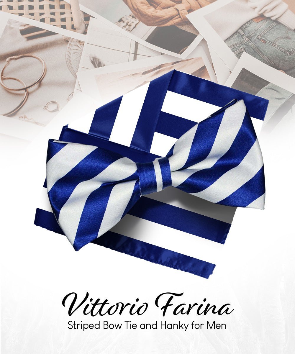 Vittorio Farina Men's Striped Satin Bow Tie & Pocket Square in Gift Box - Suits You Sir - Blue and White - 