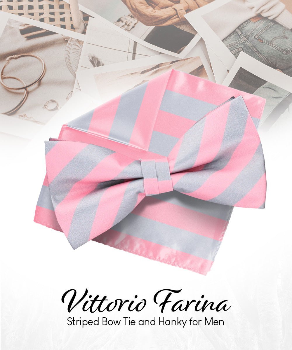 Vittorio Farina Men's Striped Satin Bow Tie & Pocket Square in Gift Box - Suits You Sir - Bubblegum Pink and Gray - 