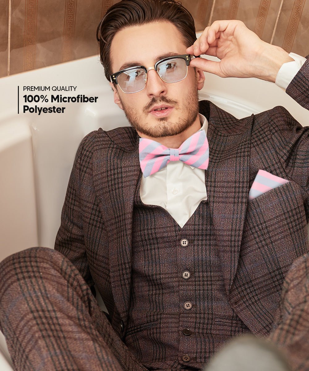 Vittorio Farina Men's Striped Satin Bow Tie & Pocket Square in Gift Box - Suits You Sir - Bubblegum Pink and Gray - 