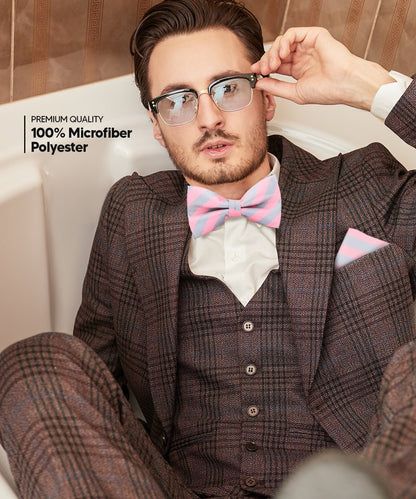 Vittorio Farina Men's Striped Satin Bow Tie & Pocket Square in Gift Box - Suits You Sir - Bubblegum Pink and Gray - 