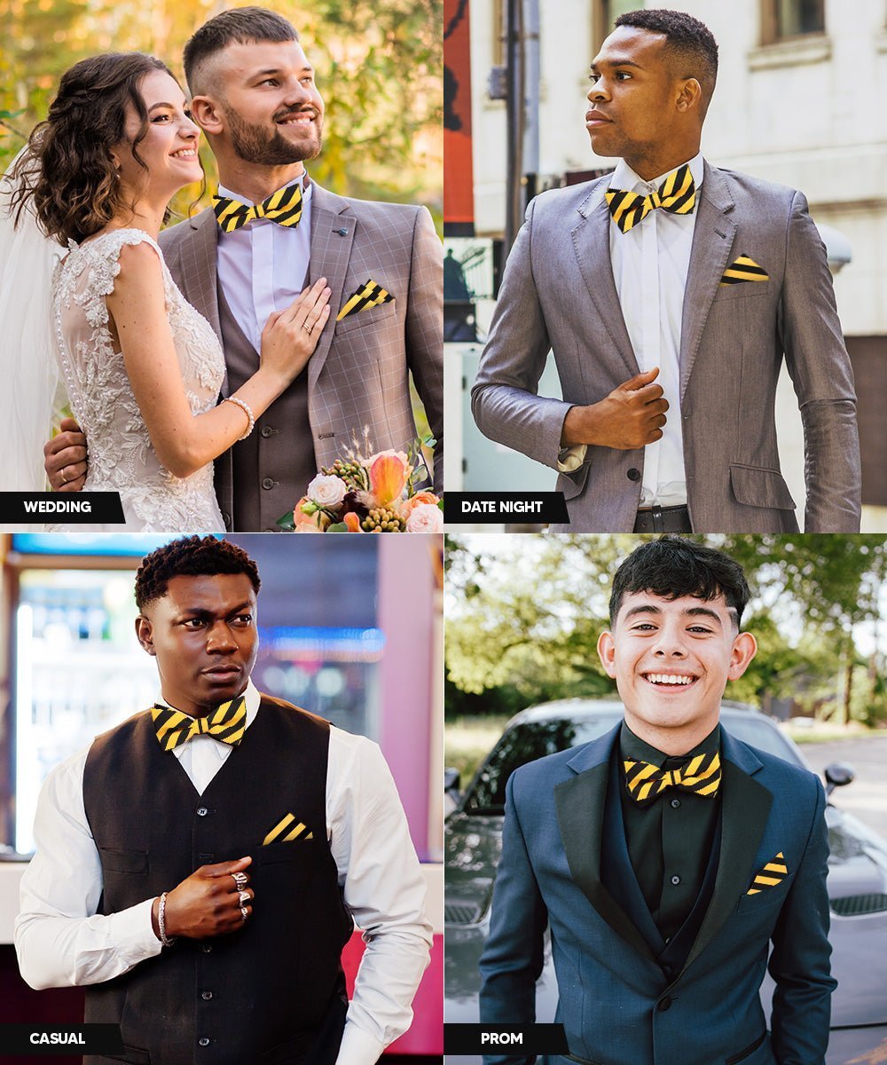 Vittorio Farina Men's Striped Satin Bow Tie & Pocket Square in Gift Box - Suits You Sir - Gold and Black - 