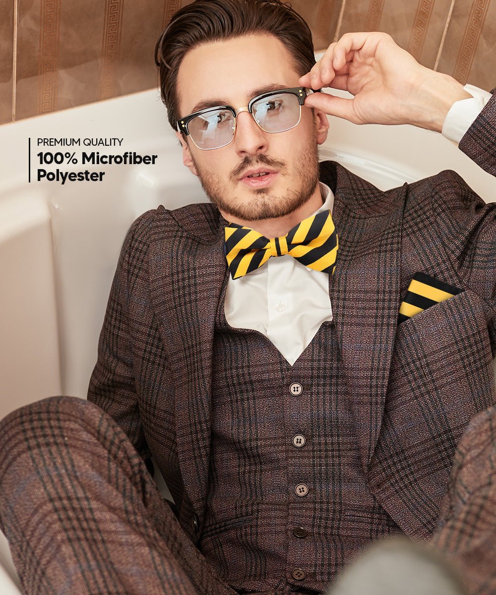 Vittorio Farina Men's Striped Satin Bow Tie & Pocket Square in Gift Box - Suits You Sir - Gold and Black - 