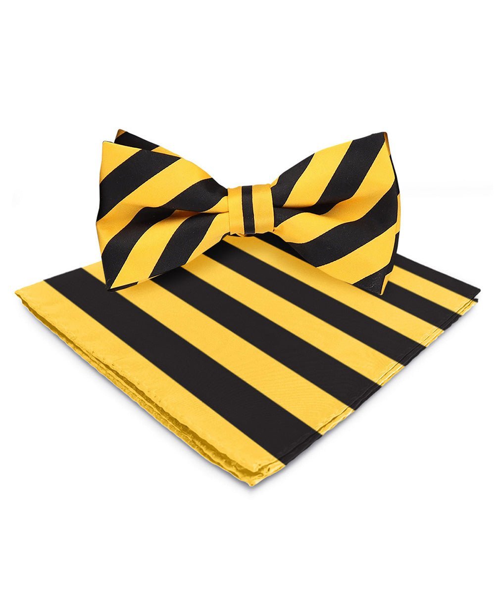 Vittorio Farina Men's Striped Satin Bow Tie & Pocket Square in Gift Box - Suits You Sir - Gold and Black - 