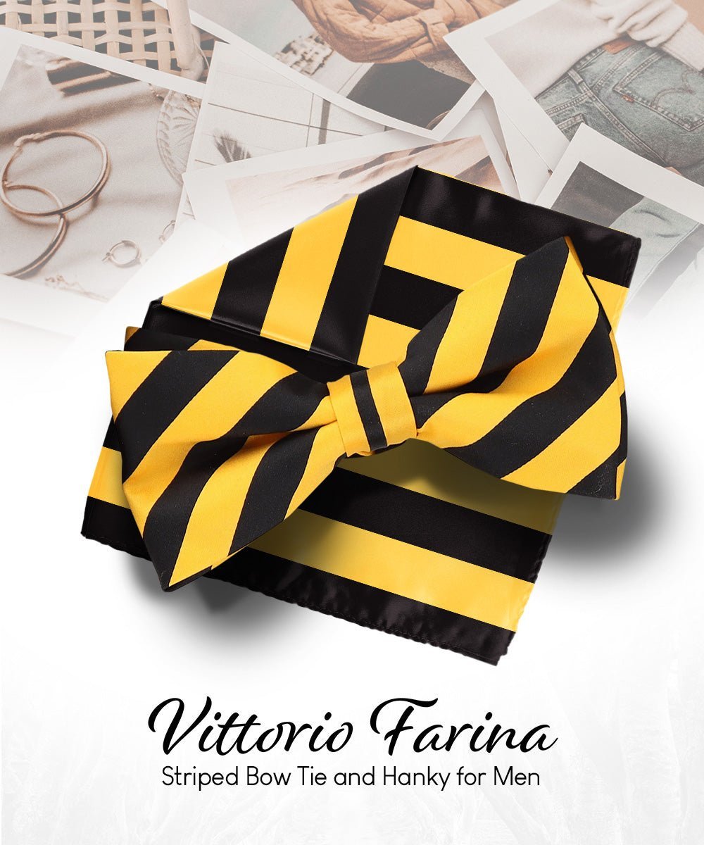 Vittorio Farina Men's Striped Satin Bow Tie & Pocket Square in Gift Box - Suits You Sir - Gold and Black - 