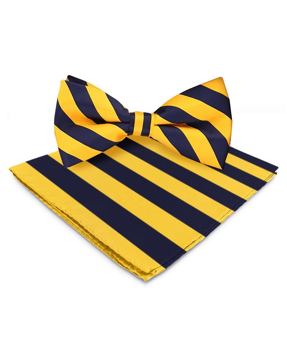 Vittorio Farina Men's Striped Satin Bow Tie & Pocket Square in Gift Box - Suits You Sir - Gold and Navy Blue - 