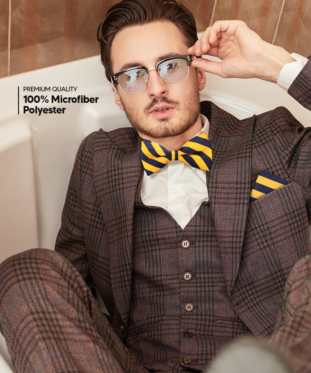 Vittorio Farina Men's Striped Satin Bow Tie & Pocket Square in Gift Box - Suits You Sir - Gold and Navy Blue - 