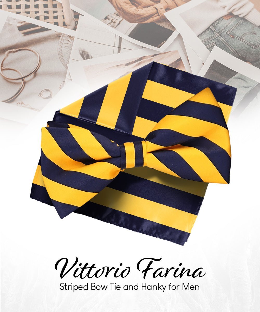 Vittorio Farina Men's Striped Satin Bow Tie & Pocket Square in Gift Box - Suits You Sir - Gold and Navy Blue - 