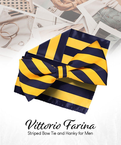 Vittorio Farina Men's Striped Satin Bow Tie & Pocket Square in Gift Box - Suits You Sir - Gold and Navy Blue - 