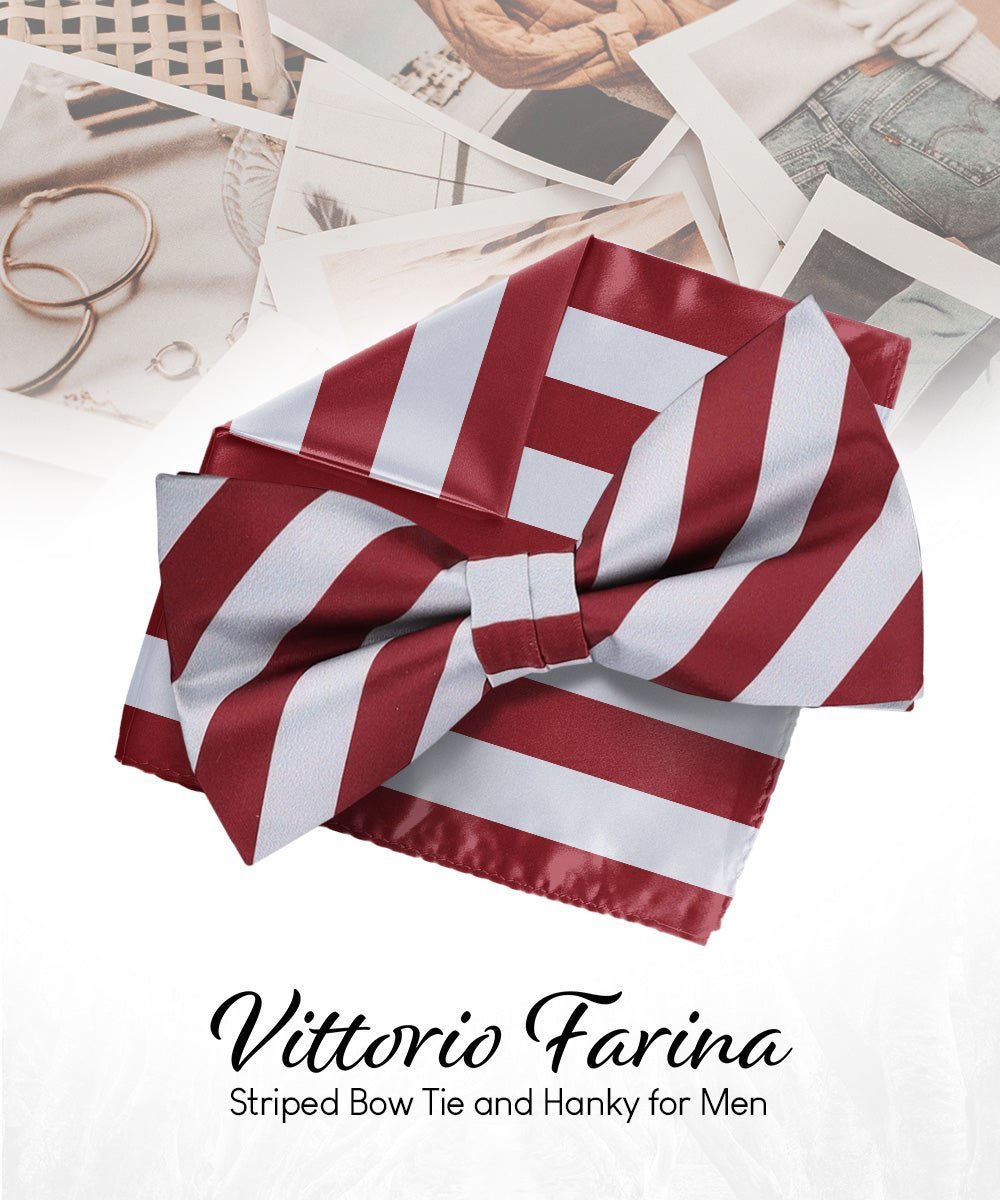 Vittorio Farina Men's Striped Satin Bow Tie & Pocket Square in Gift Box - Suits You Sir - Gray and Burgundy - 