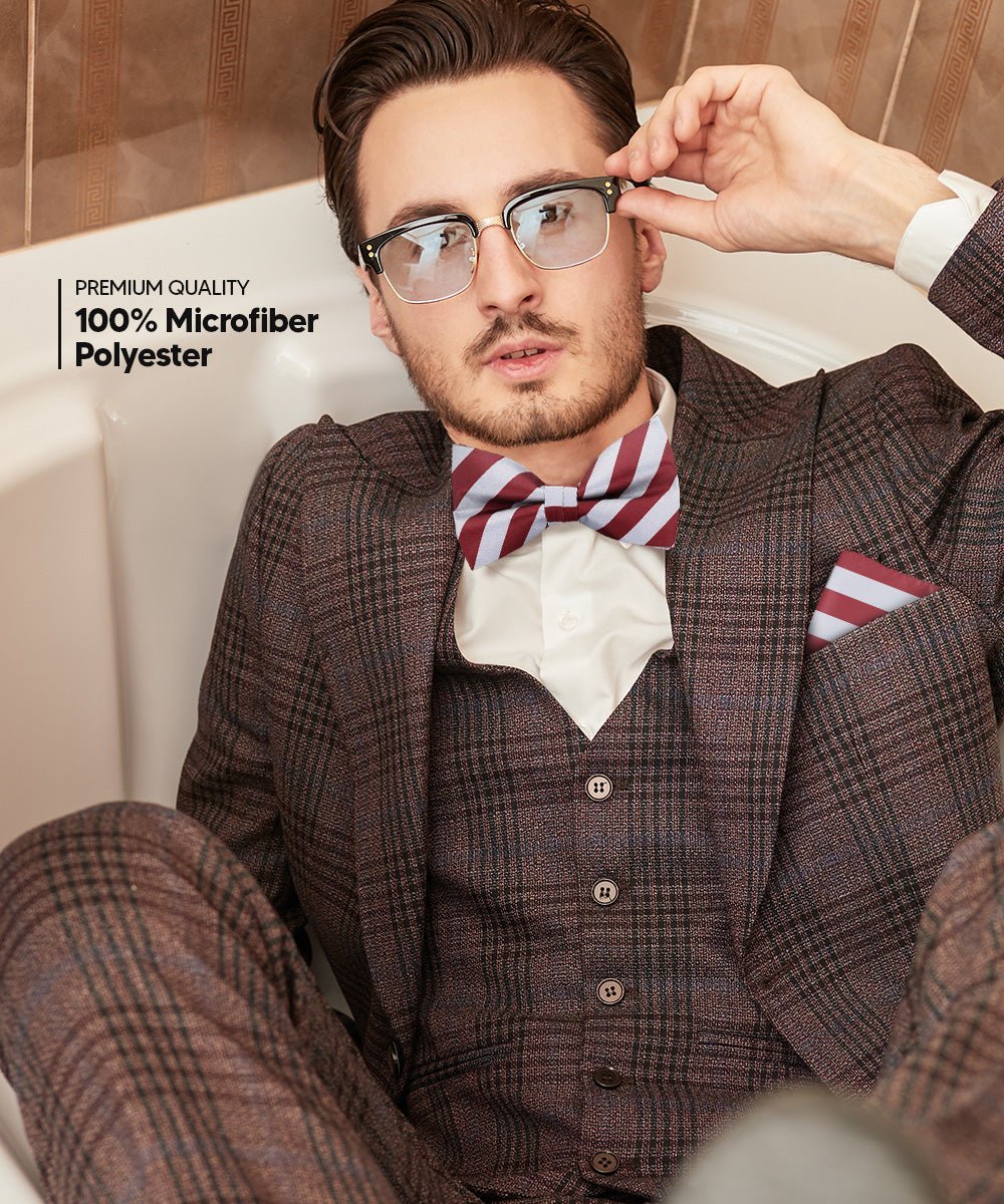 Vittorio Farina Men's Striped Satin Bow Tie & Pocket Square in Gift Box - Suits You Sir - Gray and Burgundy - 