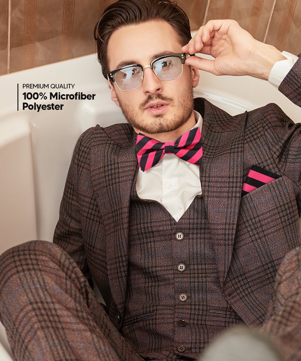 Vittorio Farina Men's Striped Satin Bow Tie & Pocket Square in Gift Box - Suits You Sir - Hot Pink and Black - 