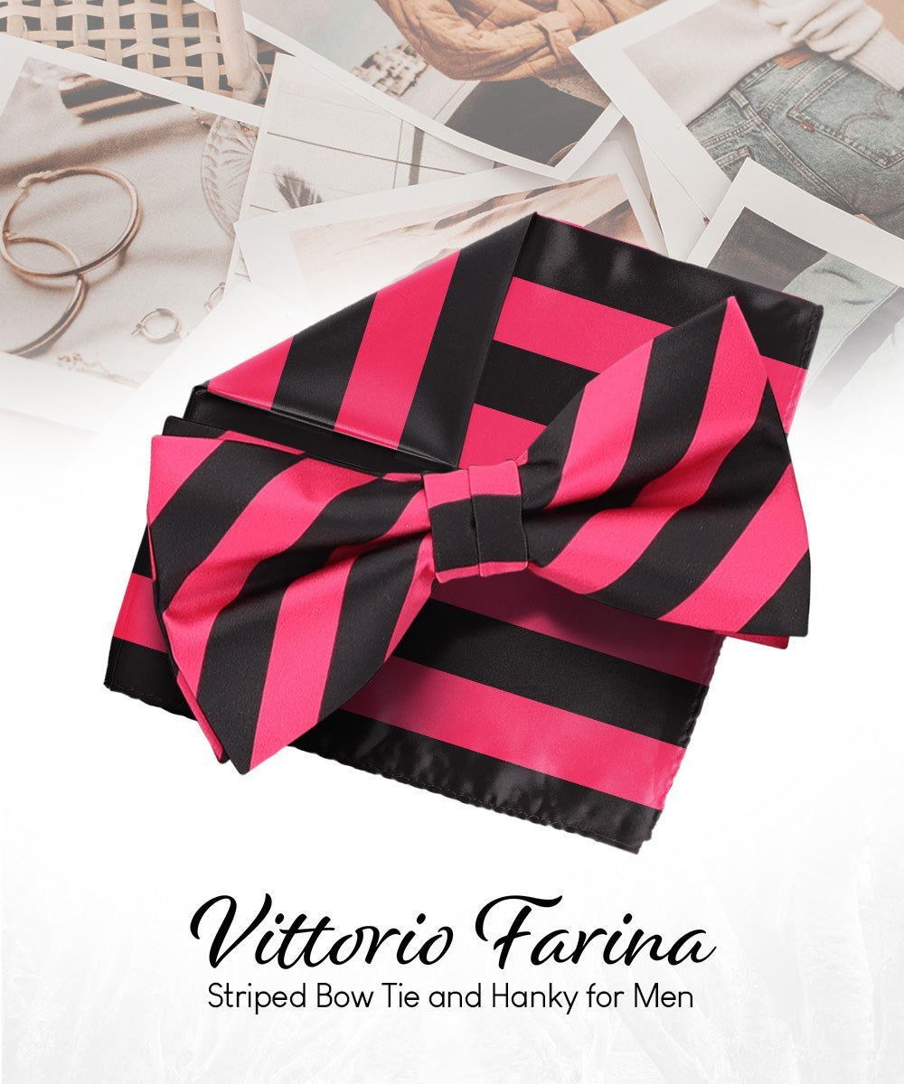 Vittorio Farina Men's Striped Satin Bow Tie & Pocket Square in Gift Box - Suits You Sir - Hot Pink and Black - 