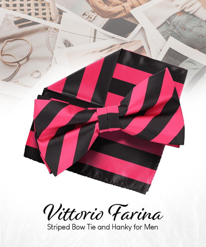 Vittorio Farina Men's Striped Satin Bow Tie & Pocket Square in Gift Box - Suits You Sir - Hot Pink and Black - 