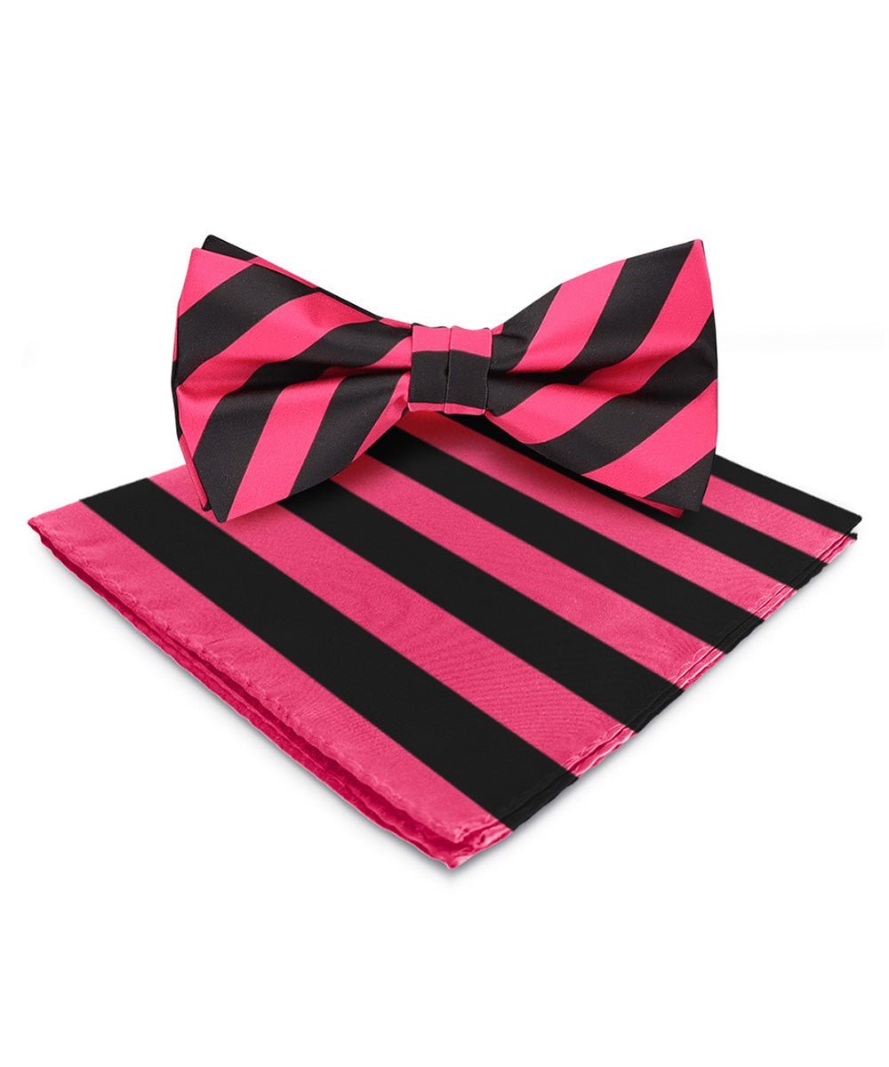 Vittorio Farina Men's Striped Satin Bow Tie & Pocket Square in Gift Box - Suits You Sir - Hot Pink and Black - 